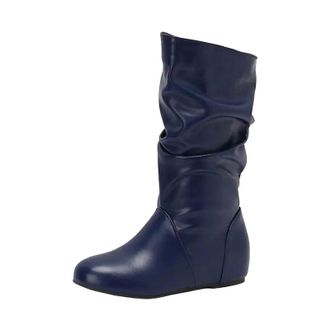Generic Womens Fashion Mid Calf Booties Round Toe High Height Increasing Heel Slip On With Pleated Shaft Design