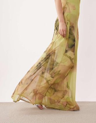 Asos Vestito lungo con spalline sottili in rete verde a fiori con scollo squadrato e stampa-Multicolore