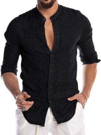 Generic Mens Collarless Shirts Long Sleeve, Mens Linen Shirts Long Sleeve With Crew Collar Shirt Casual Plain Smart Shirt Blouse Slim Fit Shirt Top Country Sh