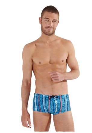 HOM Mens Harrisson Short Swim Trunks, Vertical Stripe Blue/Orange, L