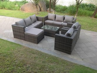 Fimous Outdoor Rattn Garden Furniture Sofa Set Rectangular Coffee Table Lounge Sofa Chair Footstool Converstory in Dark Grey