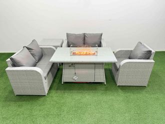Fimous High Back Poly Rattan Garden Furniture Set w/ Reclining Chair Loveseat Sofa Firepit Dining Table Indoor Outdoor Patio Set Side Table Light Grey