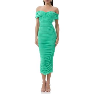AFRM Belmont Off the Shoulder Ruched Mesh Midi Dress in Summer Grass at Nordstrom Rack, Size X-Large