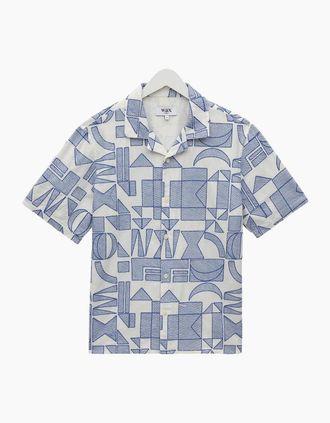Wax London Mens Wax London Didcot Geometric Embroidered Short Sleeve Shirt - Ecru Blue - Size: 42/Regular