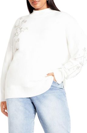 City Chic Zariah Rhinestone Mock Neck Sweater in Ivory at Nordstrom, Size Xs