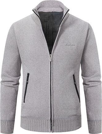 Generic Mens Knitted Cardigan Jacket Mens Solid Colors Cardigan Pullover Thick Sweater Zip Stand Collar Full Zip Front Coat Classic Knitwear Jumper