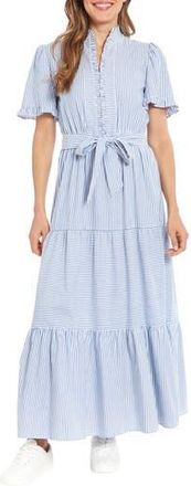 London Times Stripe Short Sleeve Tie Waist Tiered Cotton Maxi Dress in Blue/White at Nordstrom Rack, Size 14P
