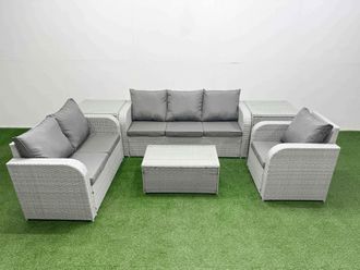Fimous Patio PE Wicker 6 Seater Outdoor Rattan Furniture Sofa Sets w/ Rectangular Coffee Table Reclining Chair Loveseat Sofa 3 Seater Sofa 2 Side