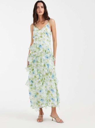 Vero Moda Smilla - Vestito midi con spalline sottili e volant in chiffon blu chiaro con stampa floreale