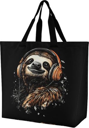 Generic Sloth with Headphone Large Reusable Shopping Bag Lightweight Foldable Tote Bags Washable Shoulder Handbag