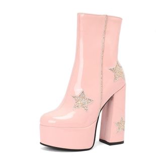Generic Womens Sweet Platform Chunky Heel Ankle Boots Shiny Dress Booties with Side Zipper,Pink,5.5 UK