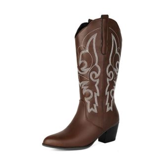 Generic Womens Pull on Mid-Calf Boots Round Toe PU Leather Long Boots Chunky Heel Western Cowboy Boot with Embroidery Stitched,Brown,5.5 UK