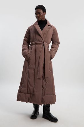 Karen Millen Womens Clean Padded Belted Midi Coat - Mocha Nylon - Size 16 UK