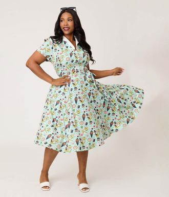 Unique Vintage Plus Size 1950s Collared Shirt Dress in Green Sushi Print at Nordstrom, Size 3X
