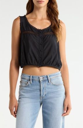 Re/Done Allegra Lace Trim Button-Up Crop Top in Black at Nordstrom, Size X-Small