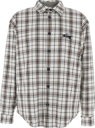 Msgm White Shirt With Logo Embroidery On The Front And All-over Check Motif In Viscose Blend Stretch Man