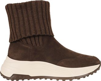 Hogan Brown Suede Ribbed Wool Cuff Ankle Boots