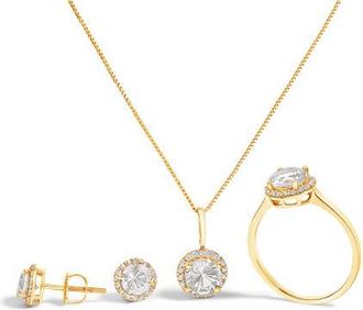 House of Brilliance 10K Gold Gemstone and 3/8 Cttw Diamond Halo Jewelry Set in Yellow | White Topaz at Nordstrom