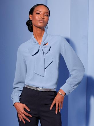 Cr&eacute;ation L Langarmbluse CREATION L, Damen, Gr. 38, blau (bleu), 100% Polyester, unifarben, V-Ausschnitt, Blusen Langarmbluse