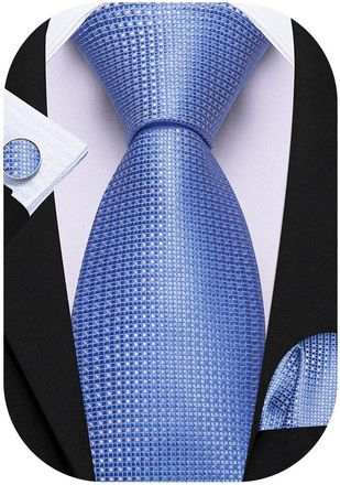 Barry.Wang Mens Baby Blue Tie 63 Plaid Extra Long Necktie Silk Pocket Square Cufflinks Set Wedding Formal