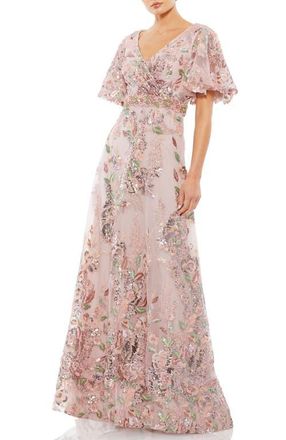 Mac Duggal Floral Embellished Short Sleeve Faux Wrap Gown in Rose Pink at Nordstrom, Size 16