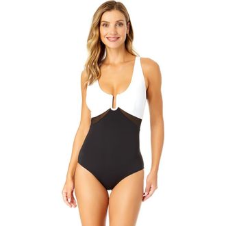 Anne Cole Womens Mesh Around U Ring Mesh Insert One Piece Swimsuit in Black & White at Nordstrom, Size 6