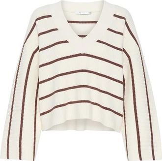 Gestuz V-hals Pullover met Bruine Strepen - Dames - V-hals truien - Beige - XS - Katoen - Truien & Vesten