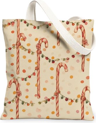 Generic Candy Cane Canvas Tote Bags, Festive Candy Pattern Reusable Grocery Bags, Vintage Holiday Lightweight Washable Shoulder Str, Beige, 13x15 Inch