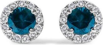 House of Brilliance 925 Sterling Silver 1.00 Cttw Blue Diamond Halo Stud Earring at Nordstrom
