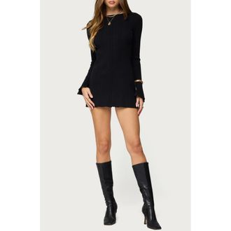 Edikted Isabel Backless Long Sleeve Rib Minidress in Black at Nordstrom, Size X-Small