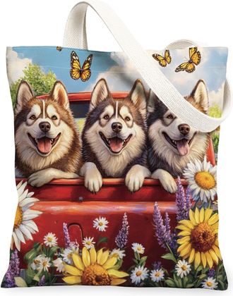 Generic Spring Pekingese Dog Canvas Tote Bag for Shopping 13x15, Truck Garden Daisy Scenic Puppy Reusable Grocery Print Bag for Women, Pet Beach Aesthetic Pai