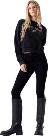 Guess Dames-sweatshirt met ronde hals en geborduurd logo (Jet Zwart)