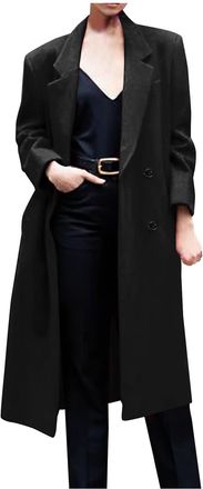 Generic 2024 Women Lapel Coat Casual Mid-Length Long Sleeve Fleece Jacket Solid Colour Trench Warm Woolen Elegant Breasted Belted Lightweight Brushed Overcoat