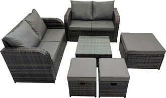 Fimous Fimous - Rattan Garden Outdoor Furniture Set Love Sofa Square Coffee Table Set with 3 Stools Dark Grey Mixed