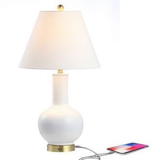 Jonathan Y Designs Han 27 Ceramic/Iron Contemporary USB Charging LED Table Lamp, White/Brass Gold at Nordstrom
