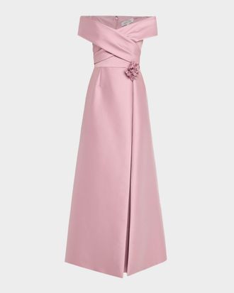 Teri Jon Off-Shoulder Crossover Mikado Gown