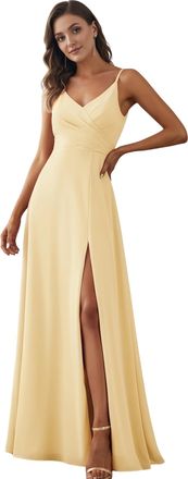 Ever-pretty Womens A Line Spaghetti Straps V Neck Long Chiffon Asymmetry Prom Dress with Slit Yellow 20