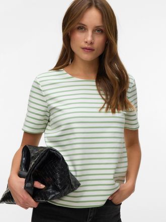 Vero Moda Rundhalsshirt VERO MODA VMABBY SS ZIP TOP JRS NOOS, Damen, Gr. XL, snow wei&szlig; stripes:mistletoe, Jersey, Obermaterial: 77% Polyester, 19% Viskose, 4% E