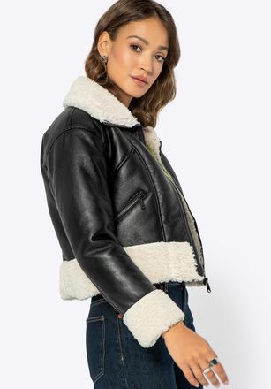 Wittchen Dames korte zwarte leren jas met bont