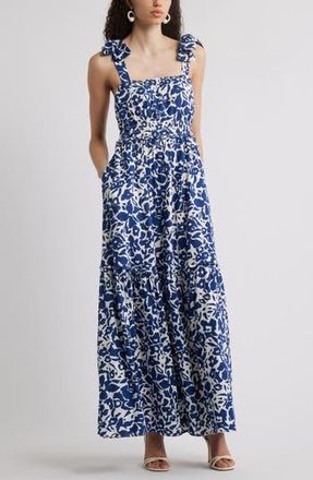 Chelsea28 Tie Strap Floral Print Maxi Dress in Ivory- Blue Jackie Floral at Nordstrom Rack, Size Xx-Large