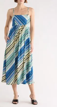 Melrose and Market Stripe Babydoll Midi Dress in Blue Multi Stripe at Nordstrom Rack, Size Xx-Large