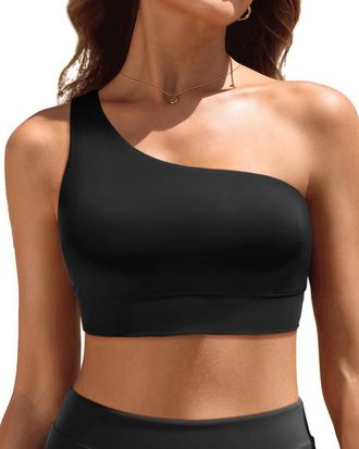 Holipick Women One Shoulder Bikini Tops Only Bathing Suit Top Sports Bra Swim Tops Longline Crop Top for Teen Girls, Black, Large