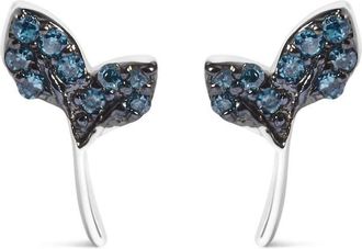 House of Brilliance Sterling Silver Blue Treated Diamond Accent Leaf Stud Earrings