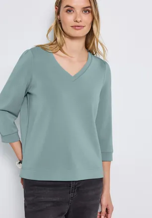 Street One V-Shirt STREET ONE, Damen, Gr. 34, blau (arona blau), Jersey, Obermaterial: 46% Modal, 46% Polyester, 8% Elasthan, unifarben, regular fit normal, V-Au