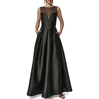 DKNY Mesh Yoke Fit & Flare Mikado Gown in Black at Nordstrom, Size 10