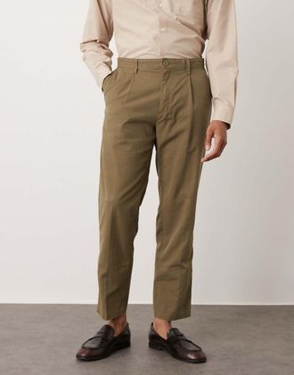 Mango Pantaloni sartoriali verde scuro in misto cotone con pieghe sul davanti