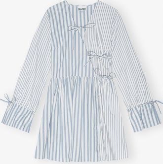 Ganni White Blue Stripe Cotton Mini Wrap Dress - Size 8/10 Organic