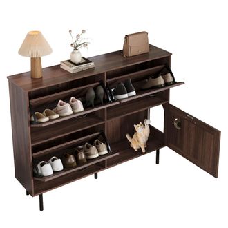 STILVORA Zapatero Con 4 Puertas Y 3 Abatibles, Juguete Para Gato Integrado, Estilo Natural, En Tablero Aglomerado, Nogal, 120&times;28&times;92 Cm