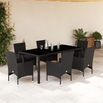 vidaXL Set Comedor Jard&iacute;n 7 Pzas Cojines Rat&aacute;n Sint&eacute;tico Vidrio Negro Vidaxl