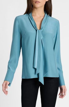 Santorelli Amanda Silk Long Sleeve Tie Neck Blouse in Steel Teal at Nordstrom, Size 10
